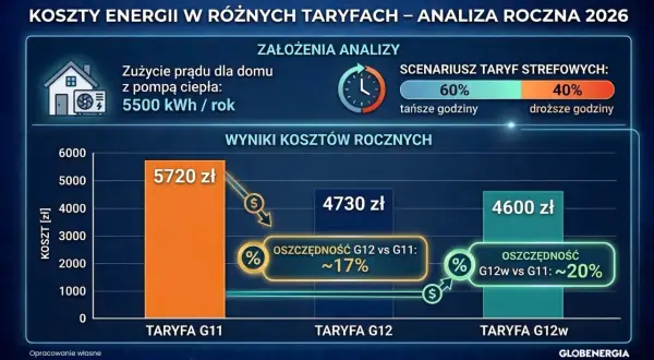Wykres porównujący roczne koszty energii elektrycznej w różnych taryfach (G11, G12, G12w) dla domu z pompą ciepła.